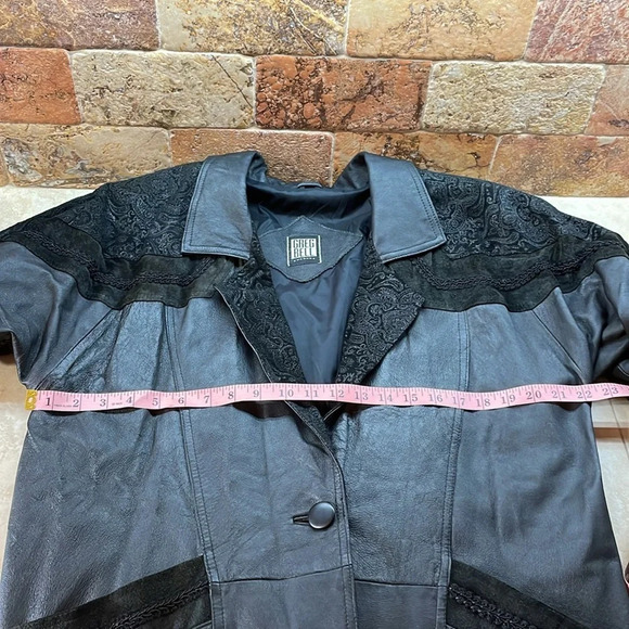 Greg Bell Leather Trench Coat Long Sleeve Collared Button Midi Black Size S - Picture 14 of 16